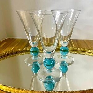 Vintage Bryce Apollo Cerulean Blue Ball Stem Water Goblets Blown Glass Drinkware